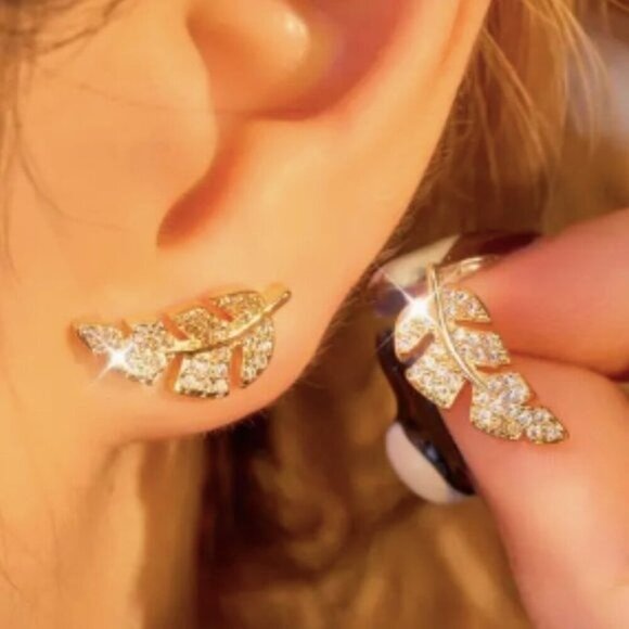 24k Gold Plated Diamond Leaf Earrings - Picture 2 of 7